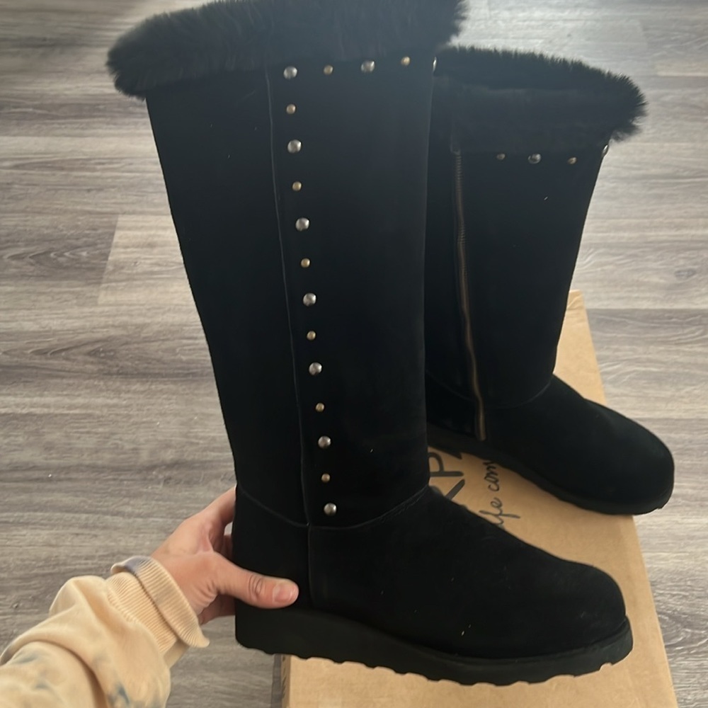 Bearpaw Black Tall Boots Women’s Wedge Winter With Silver Studs Size 9